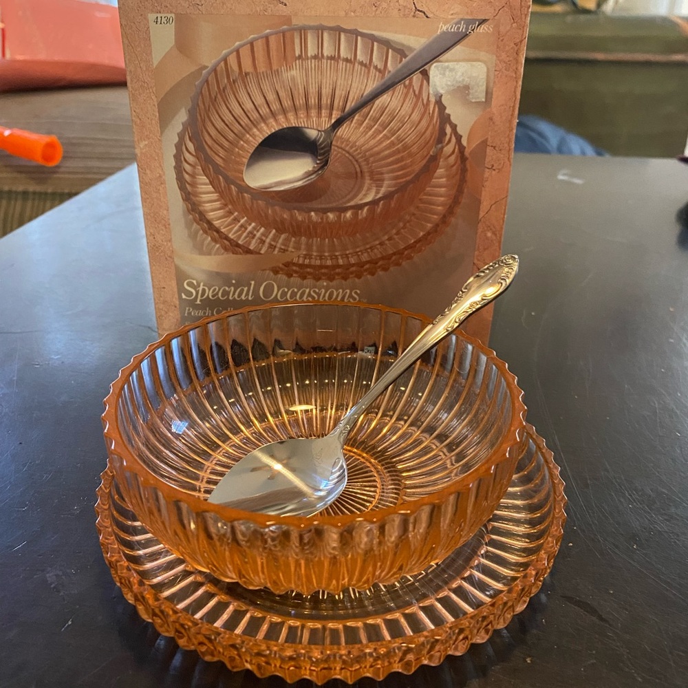 Vintage peach crystal dish with spoon